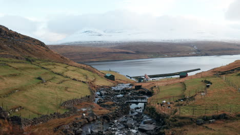 Faroe-Islands-4K-Aerial-of-River-at-Haldarsvík,-Streymoy