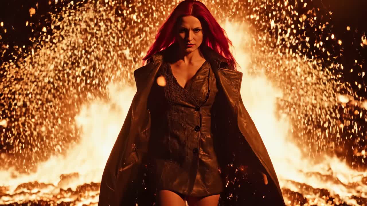 Woman with Red Hair in Front of Fire