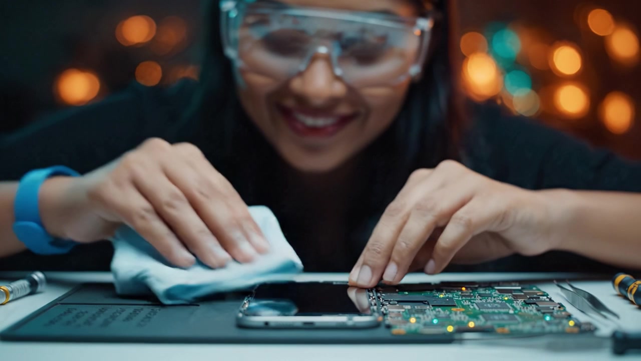 Un tecnico ricondiziona abilmente uno smartphone, esaminando attentamente i componenti mentre pulisce il dispositivo in uno spazio di lavoro ben illuminato e pieno di luci soffuse