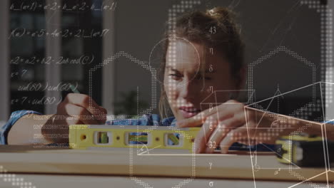 animation of mathematical equations over caucasian woman measuring table