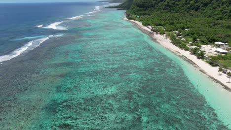 lalomanu beach with turquoise water in samoa island - aerial drone shot