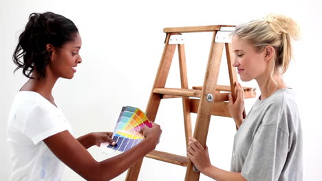 amigos atractivos preguntándose qué color elegir para la pared