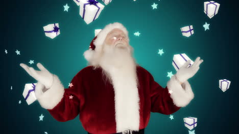 santa raising hands against falling christmas gifts