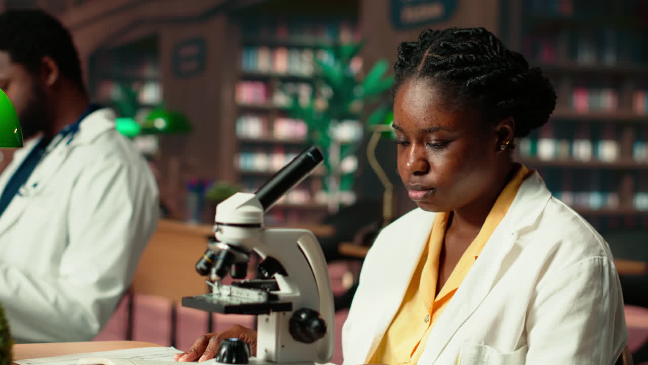 estudiante negro investigando biotecnología en una biblioteca universitaria