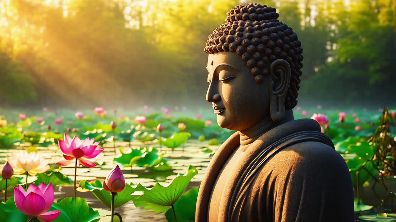 Statua serena di Buddha in mezzo a uno stagno di loti all'alba, ripresa da un'angolazione laterale, ideale per la meditazione