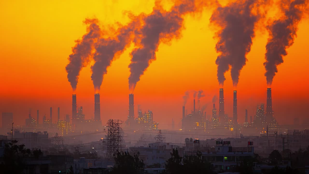 A stunning sunset backdrop highlights the dark silhouettes of industrial smokestacks, emitting thick plumes of smoke into the sky, showcasing environmental challenges and industrial activity