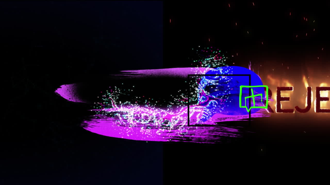 검은색 배경에 화려한 추상적인 모양과 불타는 글자의 애니메이션