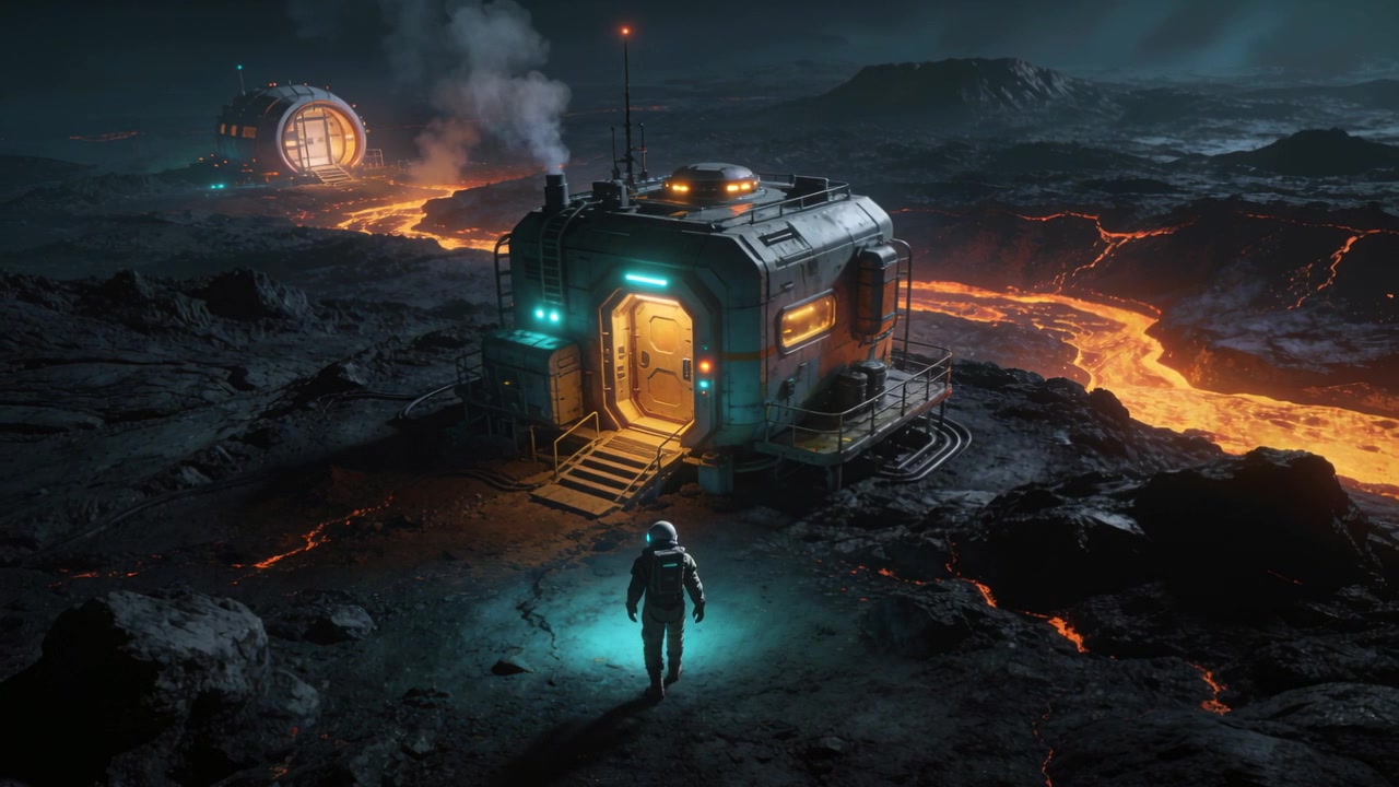 Explorador con traje caminando hacia un módulo brillante en una llanura de lava, revisando el equipo con luz cian.
