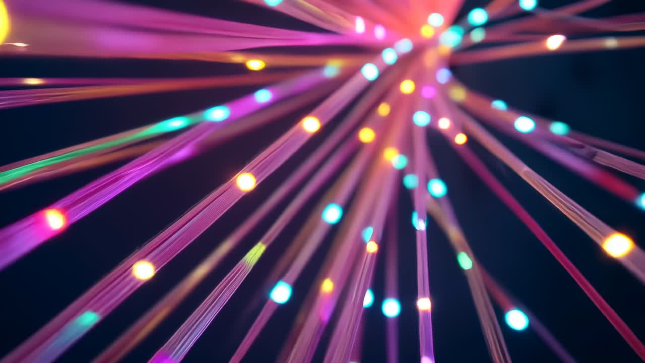 Receiving signals pulsing fiber optic strands fanning outward, emitting light pulses, dark backdrop