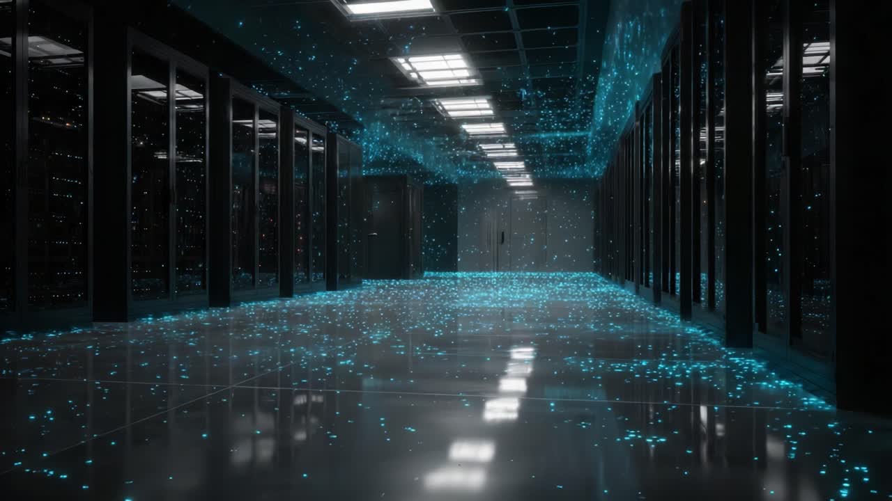 A Glowing Data Center Hallway with Illuminated Particles Cascading Over the Floor and Shelving Units, Showcasing a Captivating Technological Atmosphere