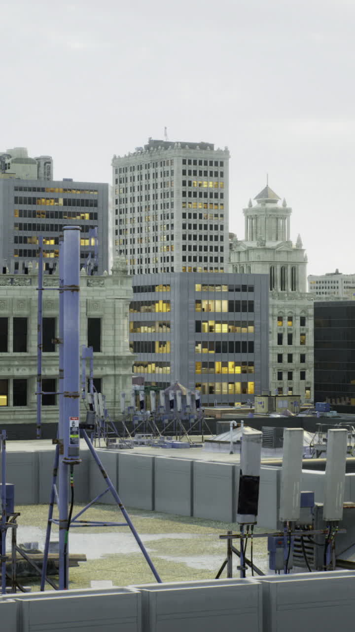 Vista de um horizonte urbano movimentado com edifícios modernos e telhados
