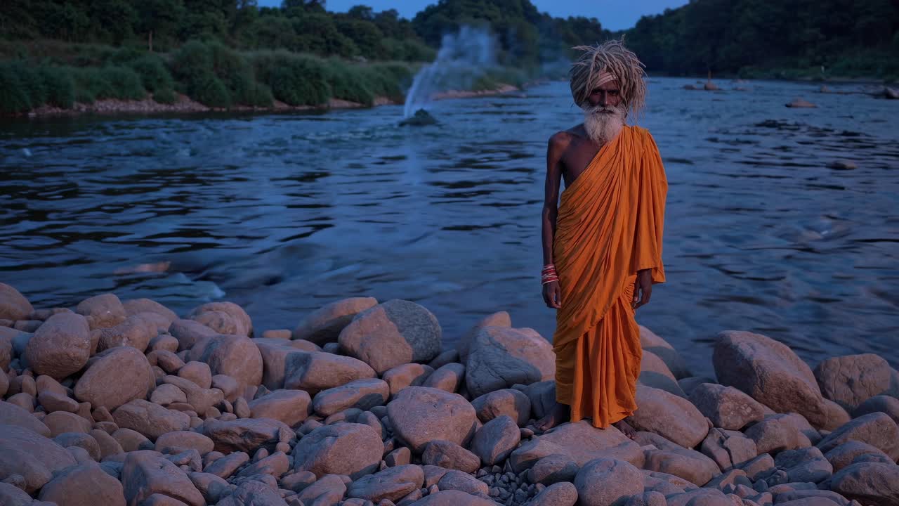 Elderly man in orange robe stands on rocky riverbank, surrounded by flowing water and lush greenery, embodying tranquility and reflection in nature's embrace