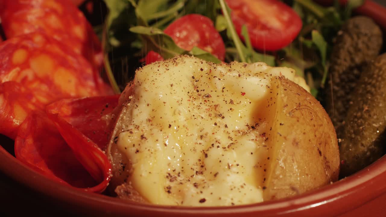 Italian or Spanish restaurant with traditional tapas food, Spanish cuisine, delicious tapas and cheese plate, bruschetta with cheese, olives dry tomatoes and tasty sandwich bar appetizer, buffet