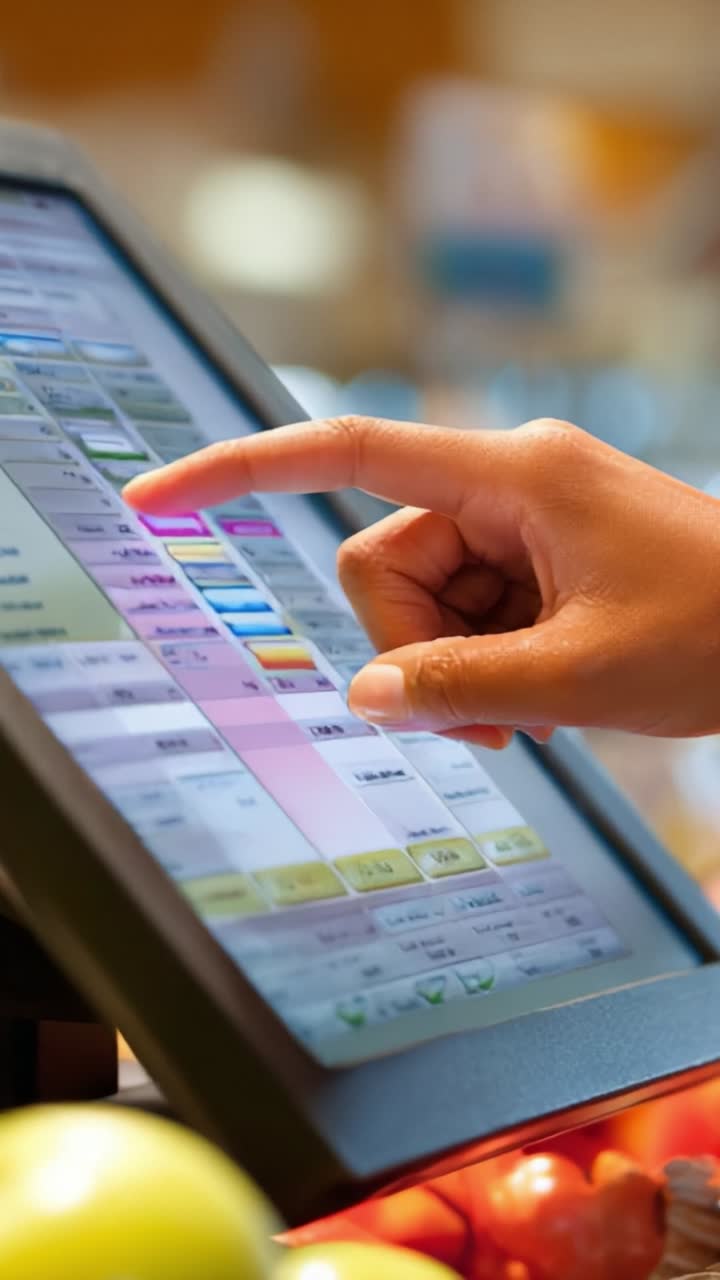 User Interacting with Touchscreen Interface in Grocery Setting to Access Information on Product Inventory and Pricing