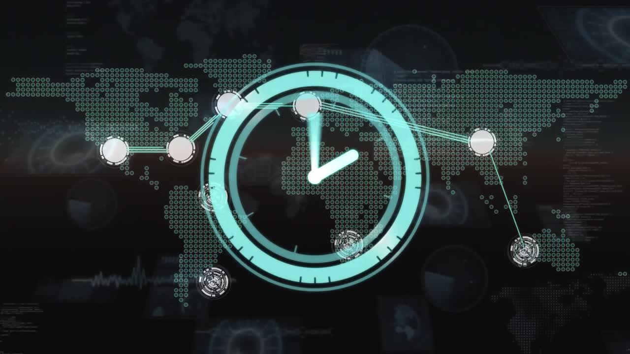 Animation of moving clock over network of connections and world map