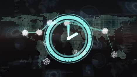 animación de un reloj en movimiento sobre una red de conexiones y un mapa del mundo