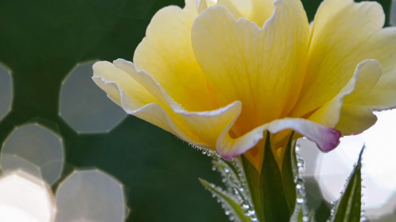 Close-up of a yellow flower with dew, captured from a low angle
