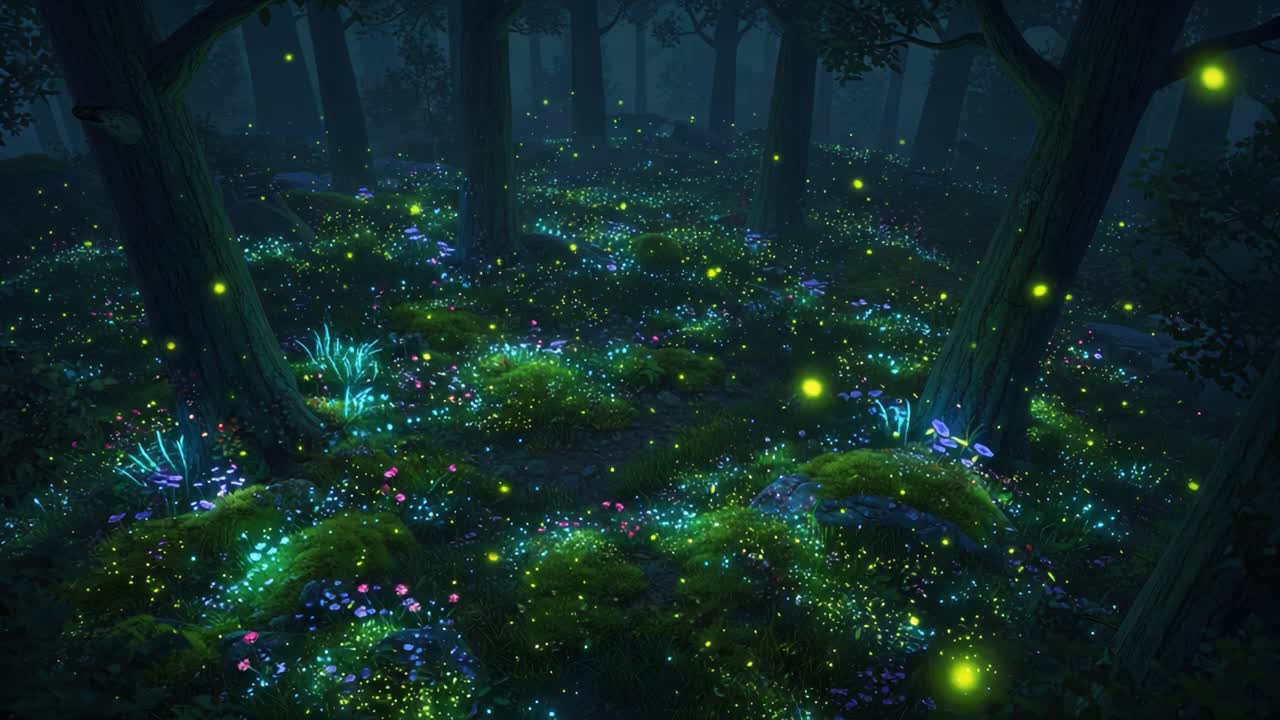 A Mystical Enchanted Forest Awash with Luminous Flora and Glowing Fireflies, Capturing the Ethereal Beauty of Nature in a Dreamlike Setting