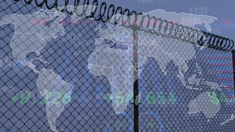 Animation of financial data processing over fence and world map on blue background