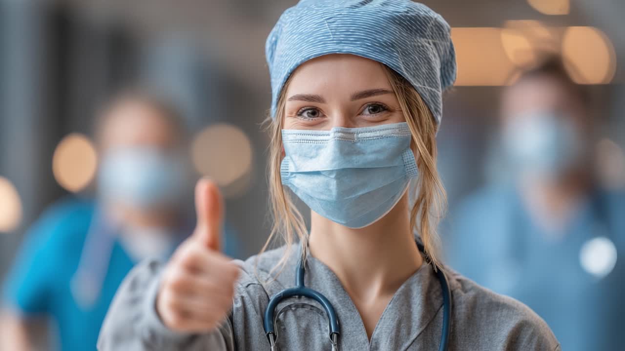 A confident healthcare professional gives a thumbs-up in a modern medical setting, showcasing positivity and resilience while wearing a surgical mask and scrubs
