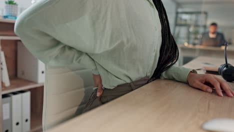 call center, stress and woman with hand on back