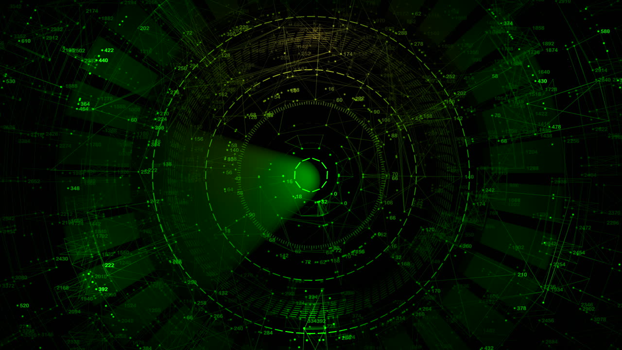 Scansione sonar radar verde ad alta tecnologia con cerchi concentrici e marcatori digitali. Ideale per film di fantascienza, promozioni di cybersecurity e presentazioni di tecnologia militare avanzata.