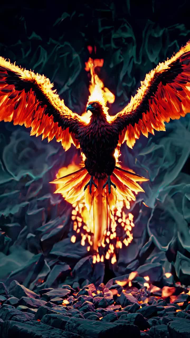 A fiery phoenix rising, captured from a low-angle, symbolizes rebirth