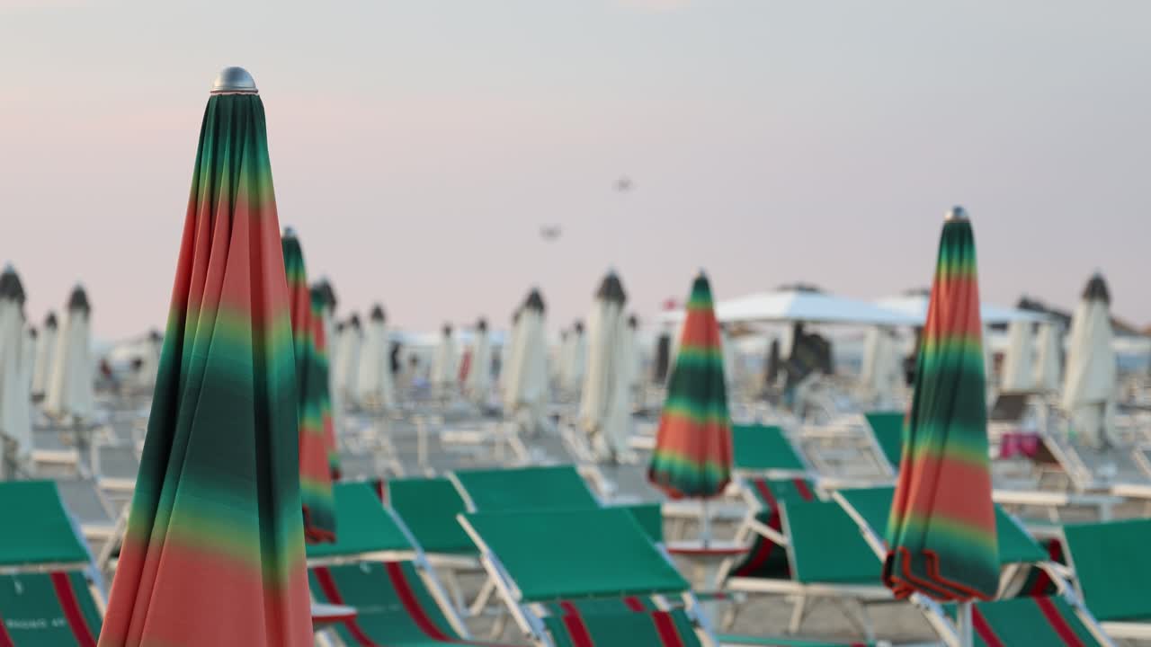 Colorful umbrellas on a sandy beach, summer background establisher