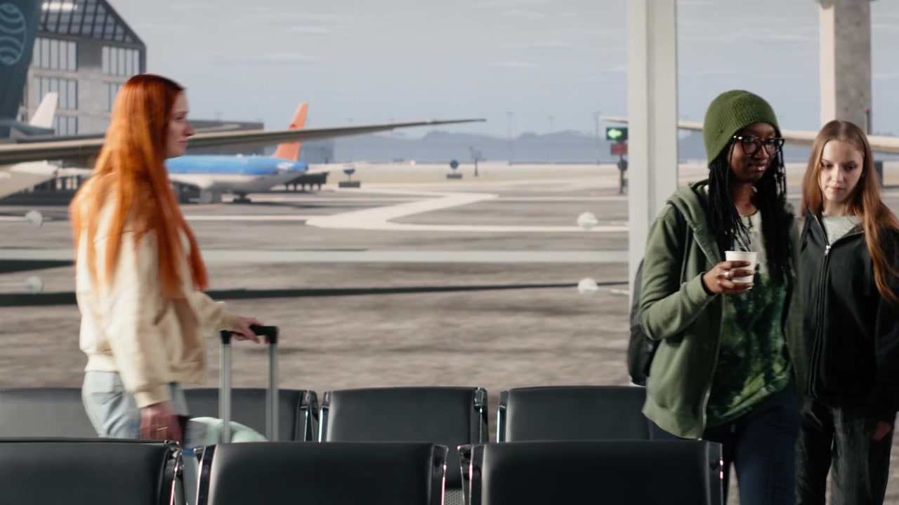 Turistas multiétnicos em aeroporto movimentado causando congestionamento com carrinhos de bagagem.