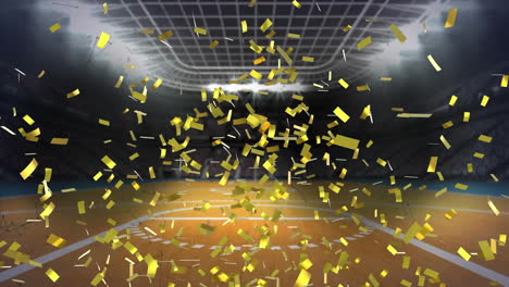 Animation-of-golden-confetti-falling-against-view-of-basketball-court