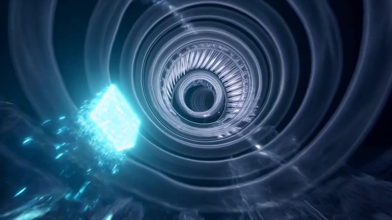Glowing geometric object travels through dark circular tunnel with bright cyan highlights, changing perspective, rippling rings, reflective textures, and high contrast abstract movement.