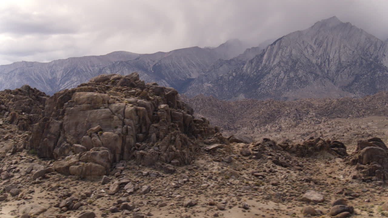 Aerial Drone sweeping past the Alabama Hills of California's Sierra Nevada Mountain Range