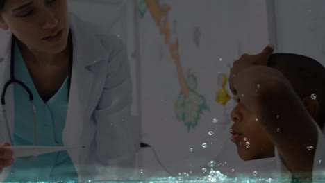 Animation-of-car-and-splashing-water-over-diverse-doctor-and-patient-background