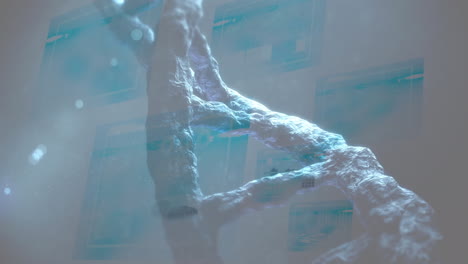 animation of rotating 3d dna strand, with lights and data processing on interface