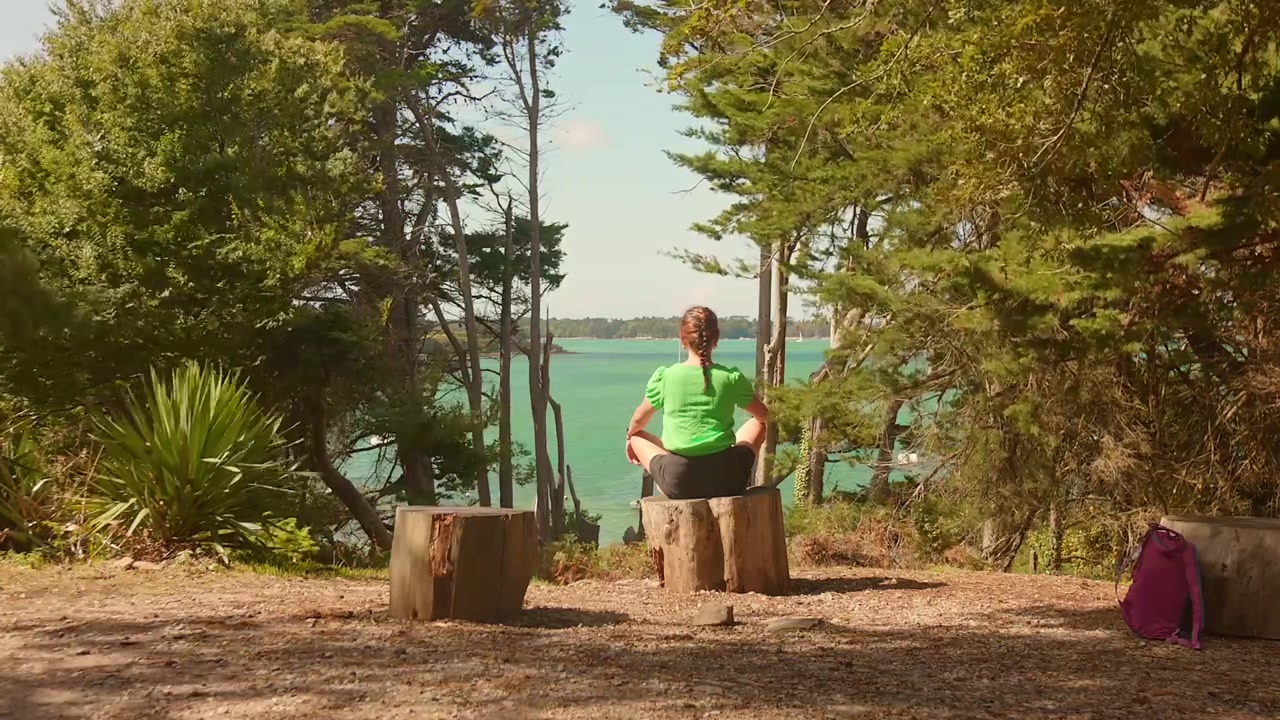 Una donna con una maglietta verde medita su un tronco d'albero, di fronte ad acque turchesi circondate da una vegetazione lussureggiante. Ideale per contenuti di benessere e viaggi.