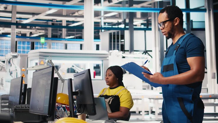 Vertical Video Portrait of engineer in photovoltaics factory reviewing paperwork