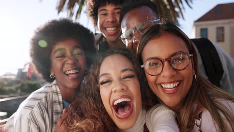 Freunde,-Fröhliches-Selfie-Und-Gesicht-Von-Menschen