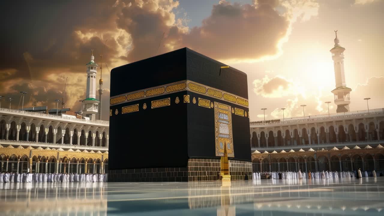 Dramatic low-angle video shot of the Kaaba at sunset, highlighting its grandeur and the surrounding