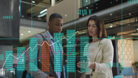 animation of financial data processing over diverse businesspeople in office