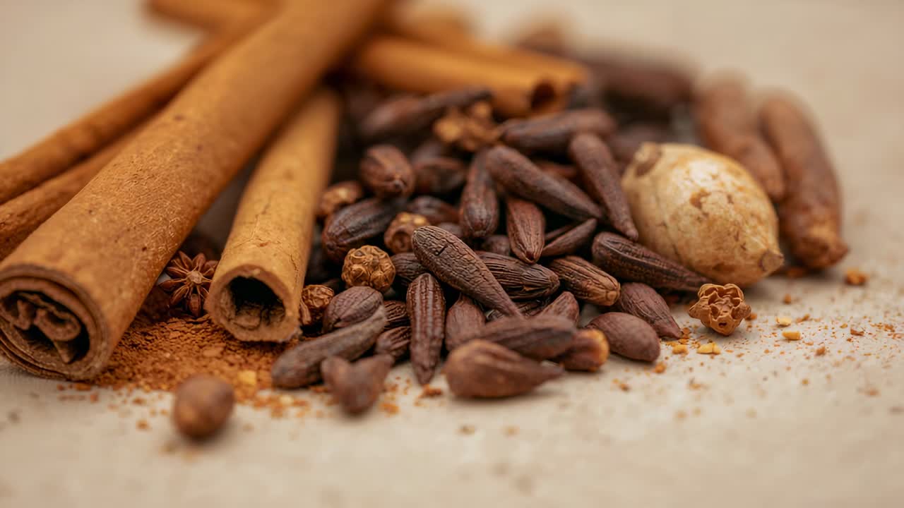 Pulling back camera, racking focus to reveal pile of spices on table with cinnamon, clove buds