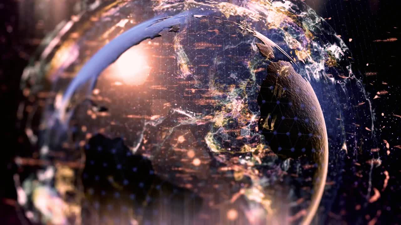 Futuristinen digitaalinen maapallo hehkuvalla verkolla ja datalla.