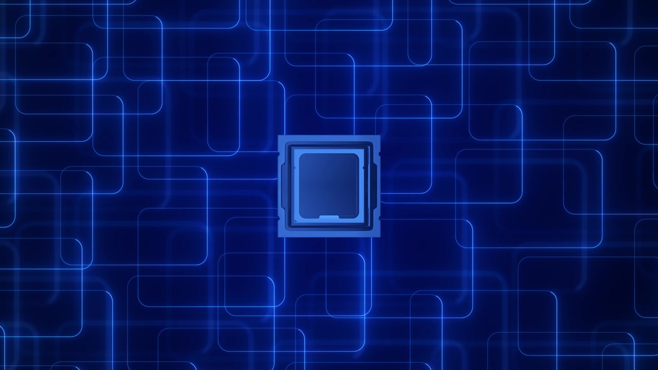 Glowing processor chip sits blue network rounded digital pathways high tech motion backdrop