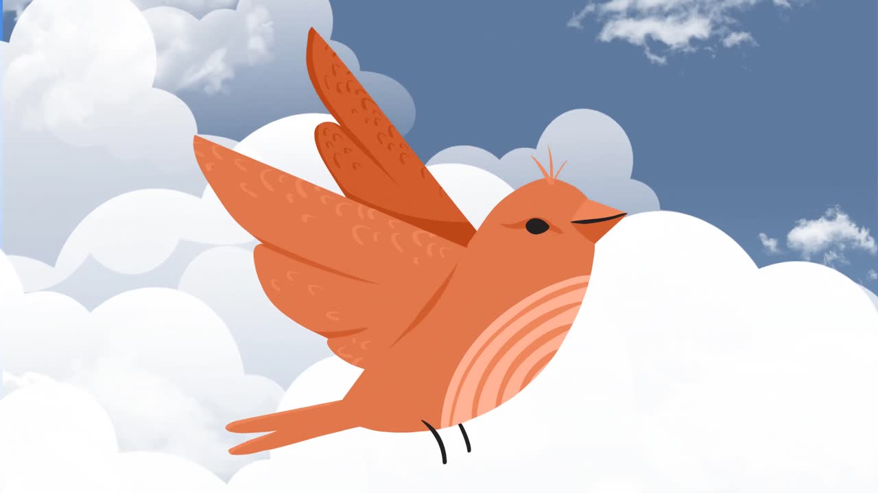 animación de un pájaro naranja volando sobre nubes en el cielo azul de fondo
