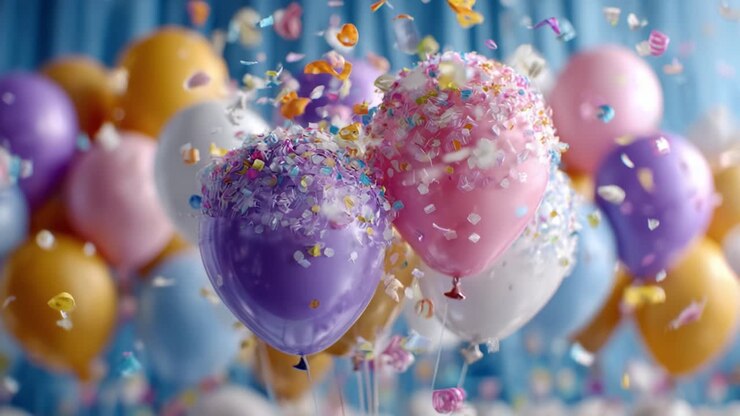 Festeggiamenti vivaci con palloncini colorati e festosi coriandoli, per creare un'atmosfera gioiosa per feste o eventi speciali