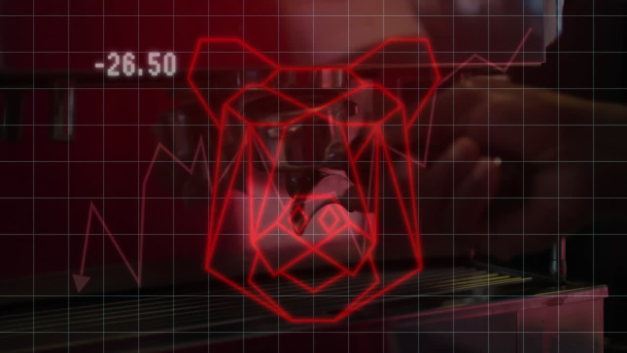 Operator turning control knob at industrial console, overlaying AR polygons, gridlines and data