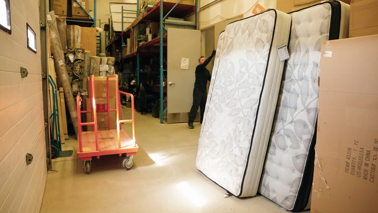 un hombre carga un colchón nuevo en una muñeca en un almacén lleno de estanterías y muebles