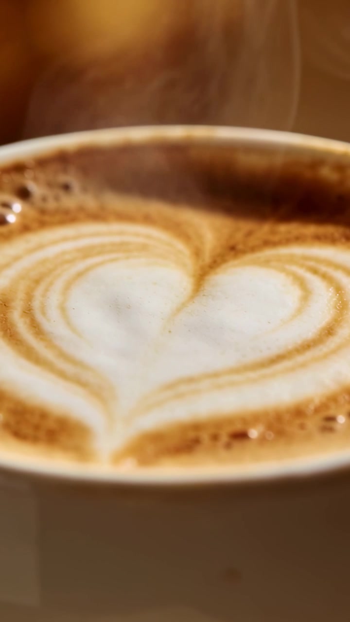 Video verticale: Una tazza di ceramica appena versata si raffredda in un caffè, rilasciando vapore sopra la schiuma a forma di cuore.