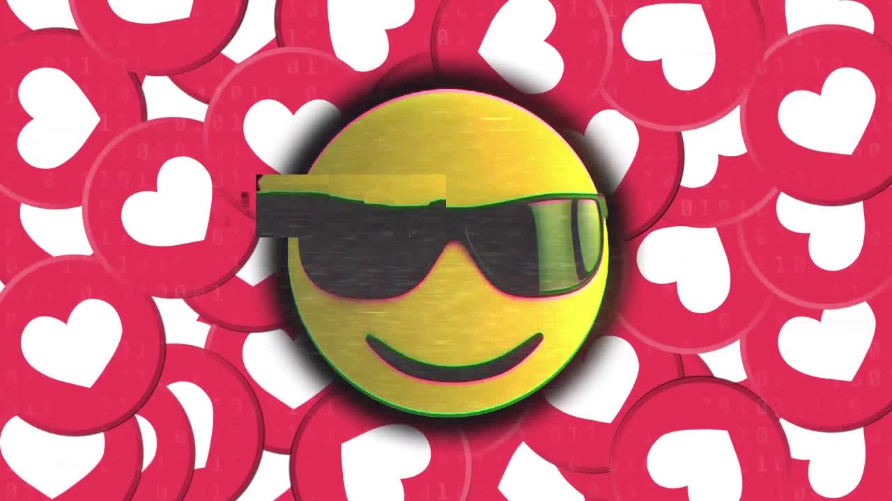 animación del icono emoji con gafas de sol y iconos de amor de corazón rojo sobre fondo negro
