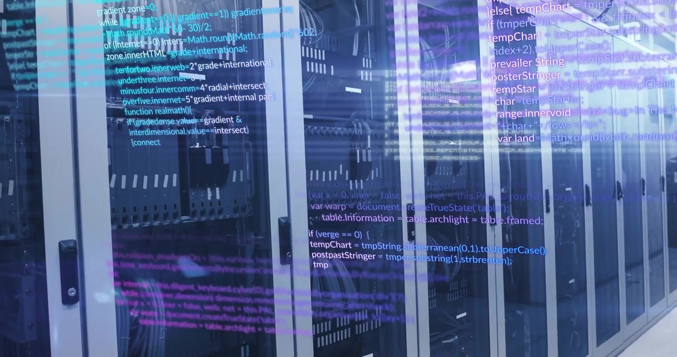 Server cabinets glowing through rack doors with cables and floating code overlay in 3D render