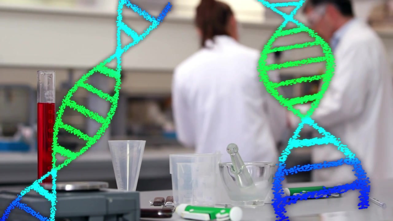 Female consulting for research, moving to lab bench, inspecting red tube while DNA helix overlaying